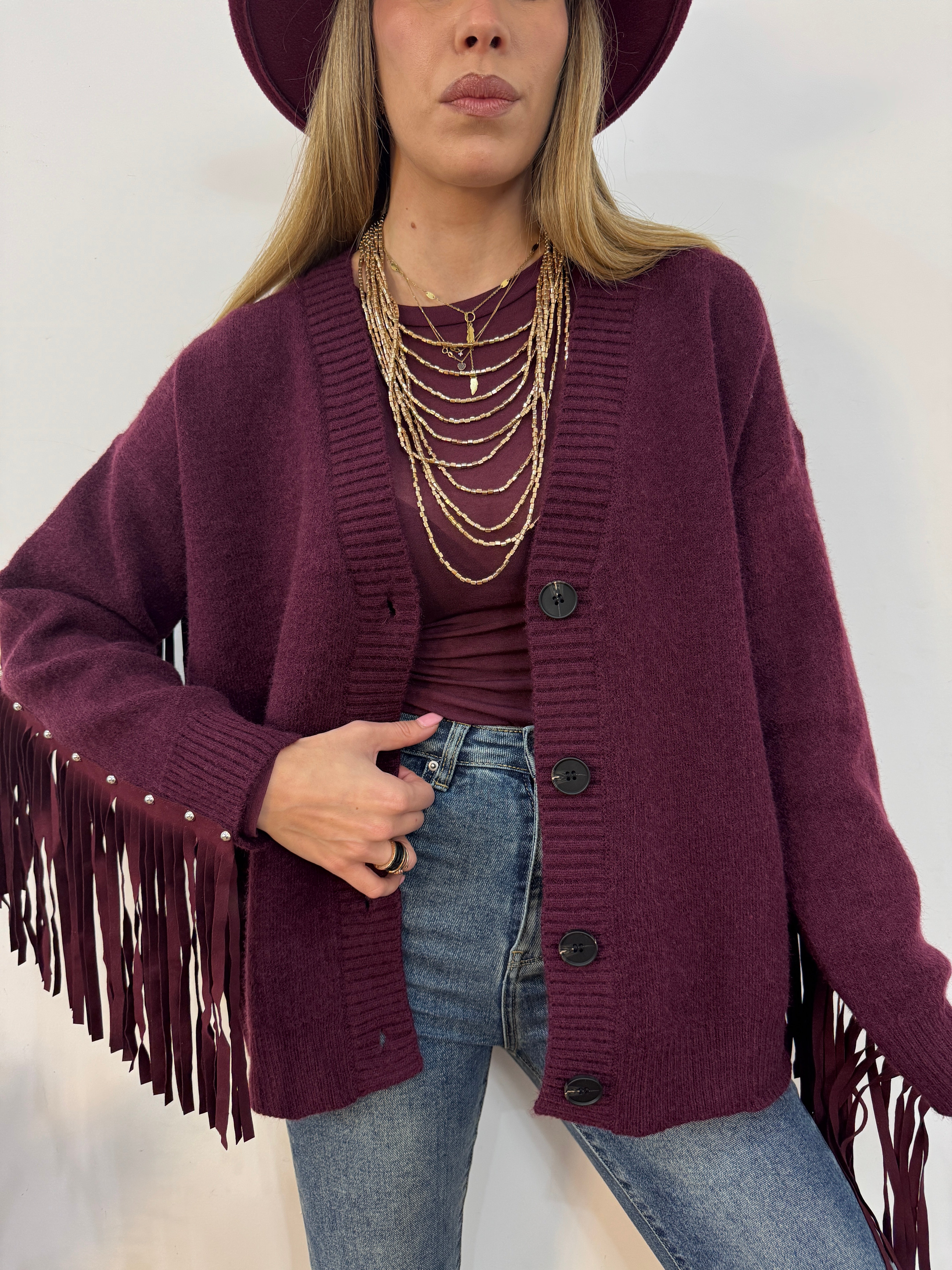 Cardigan borchie&frange