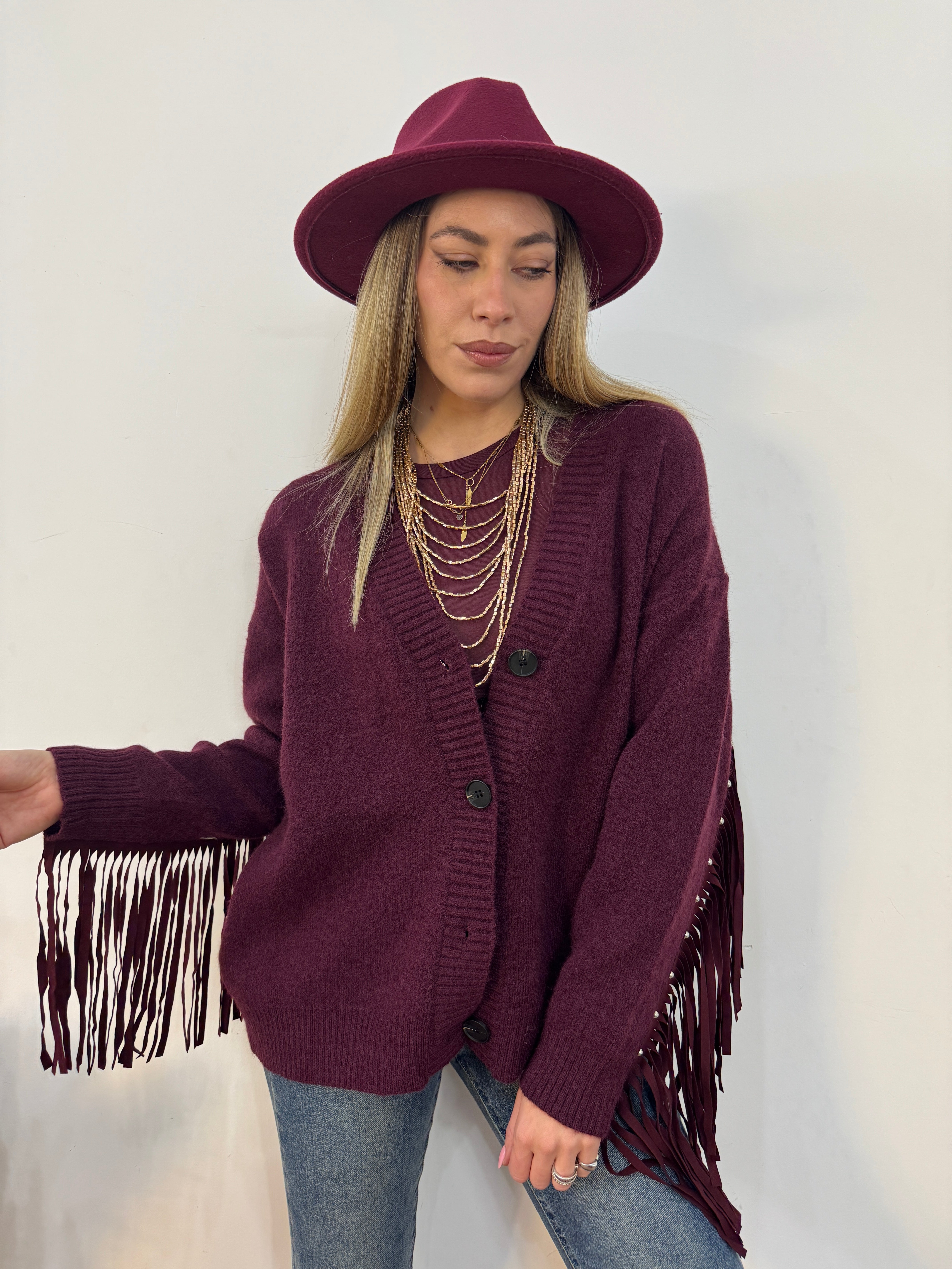 Cardigan borchie&frange