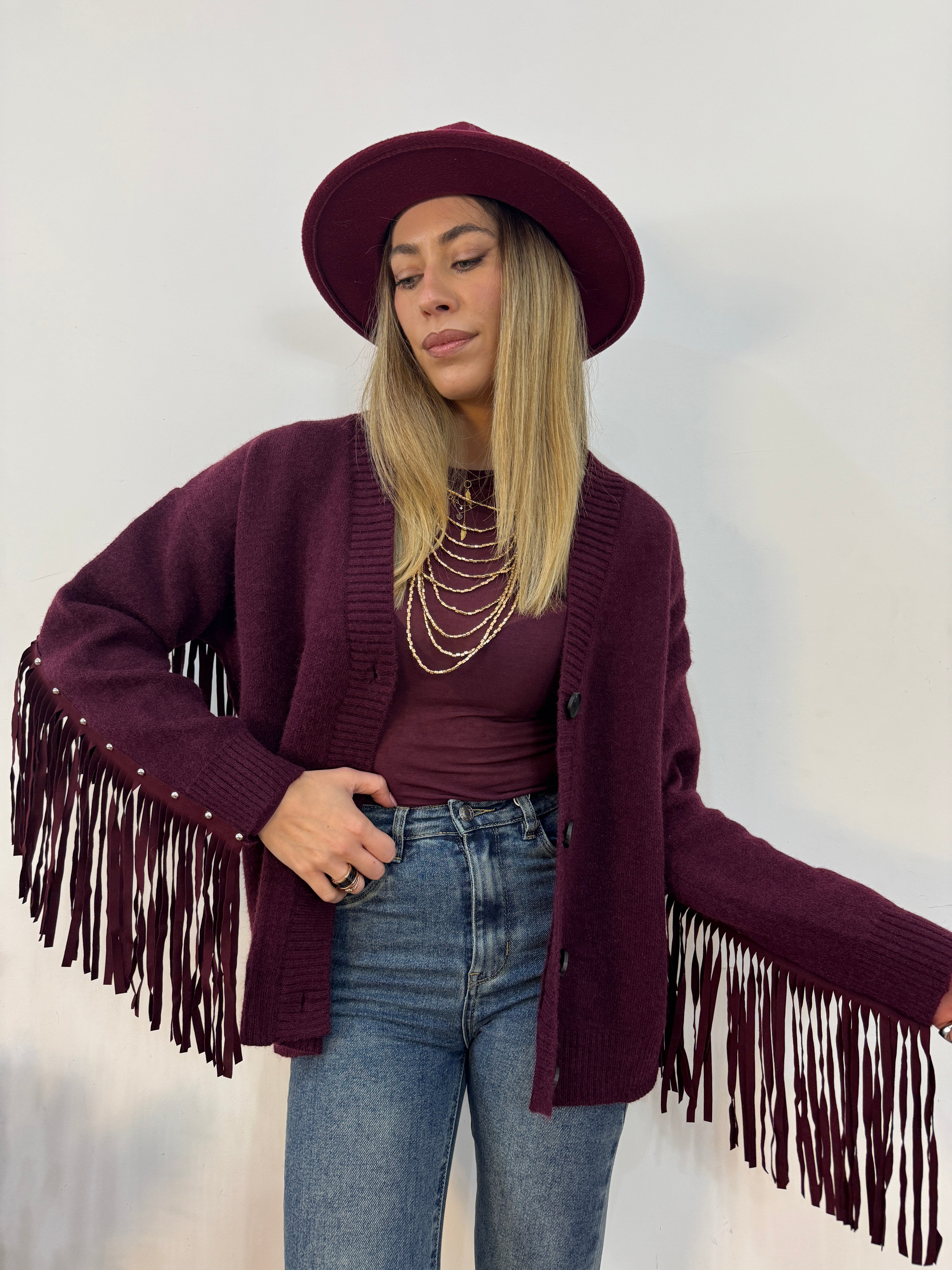 Cardigan borchie&frange