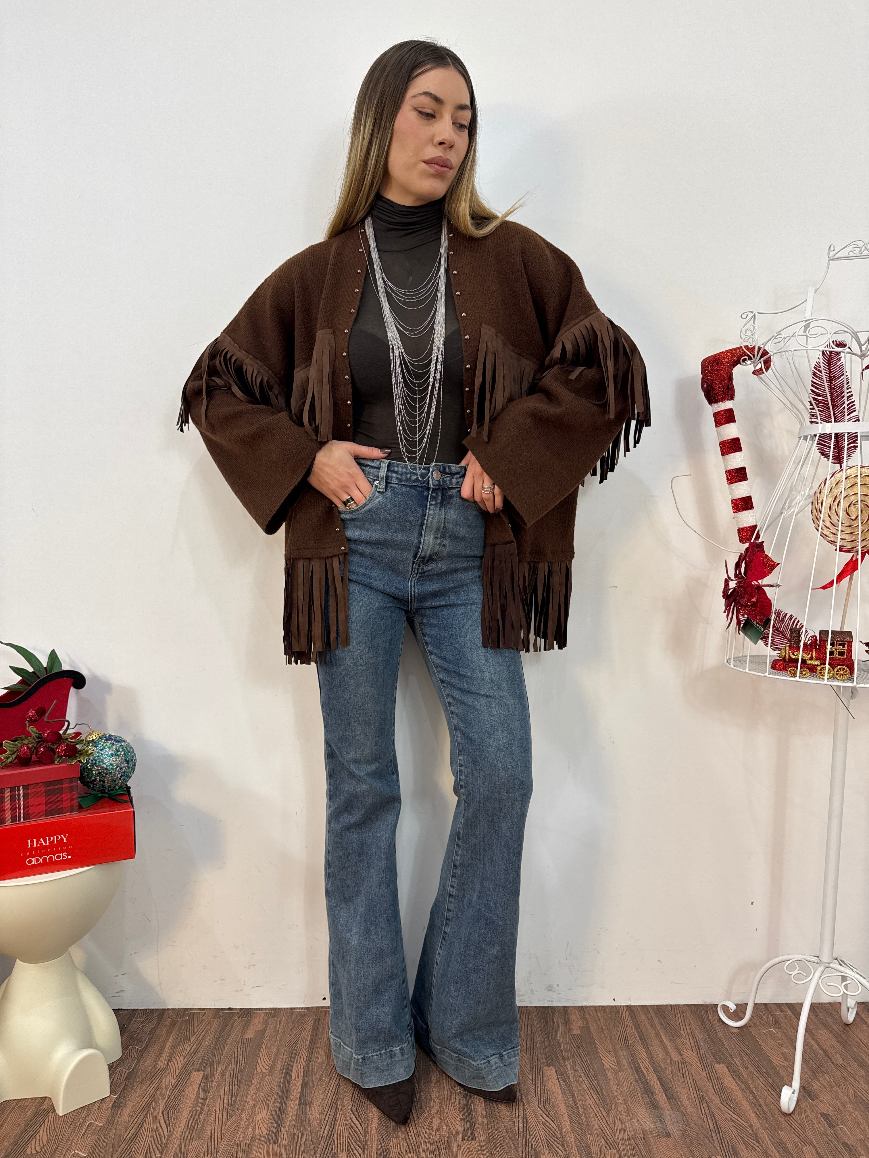 Maxi cardigan frangia