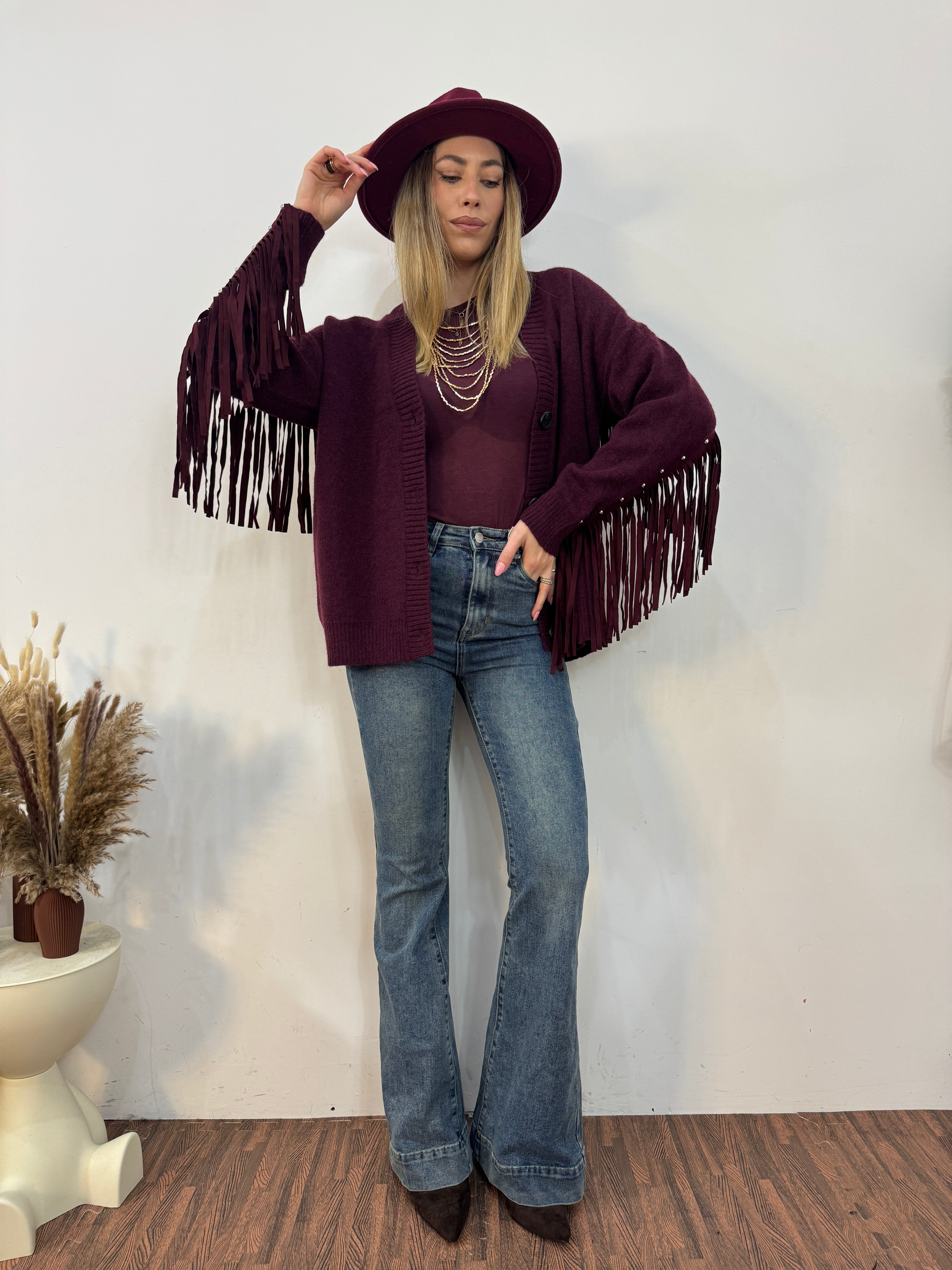 Cardigan borchie&frange