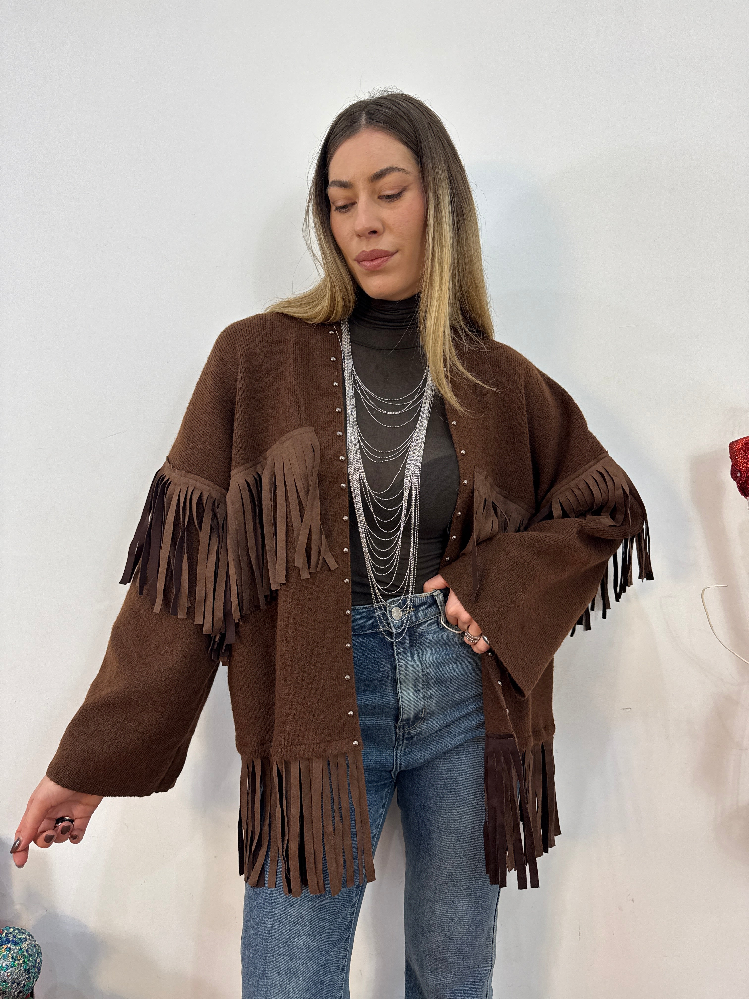 Maxi cardigan frangia