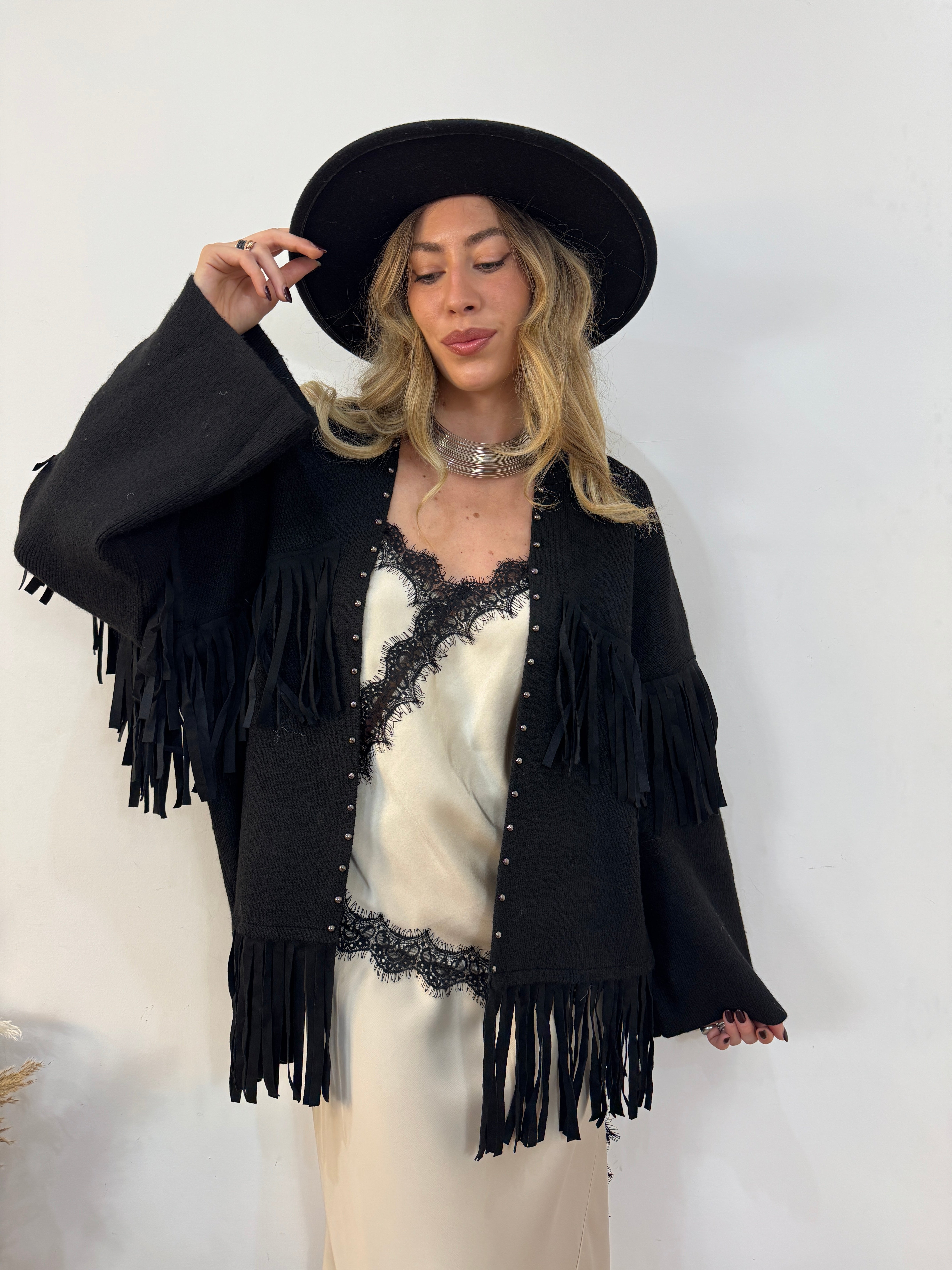 Maxi cardigan frangia