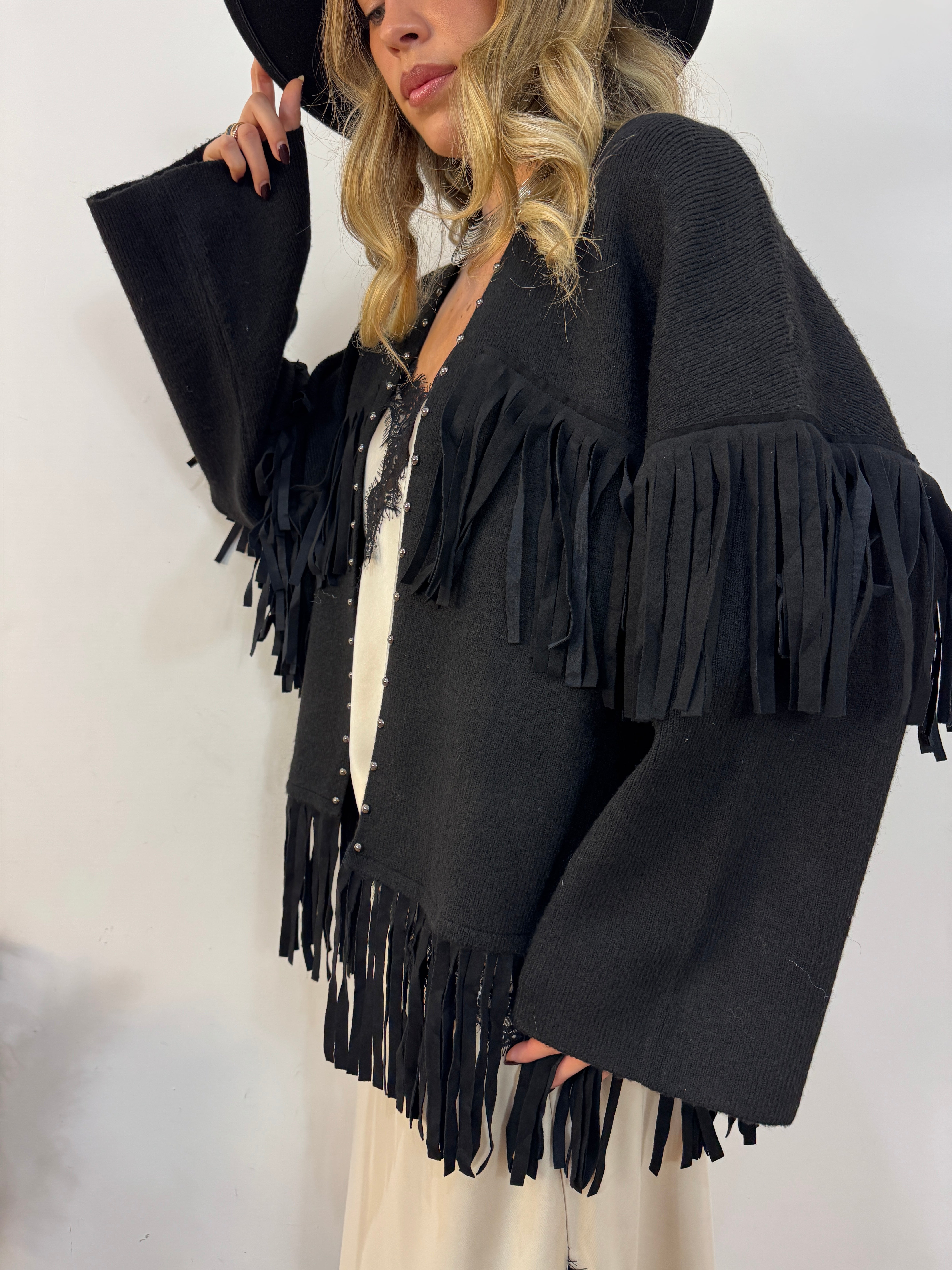 Maxi cardigan frangia
