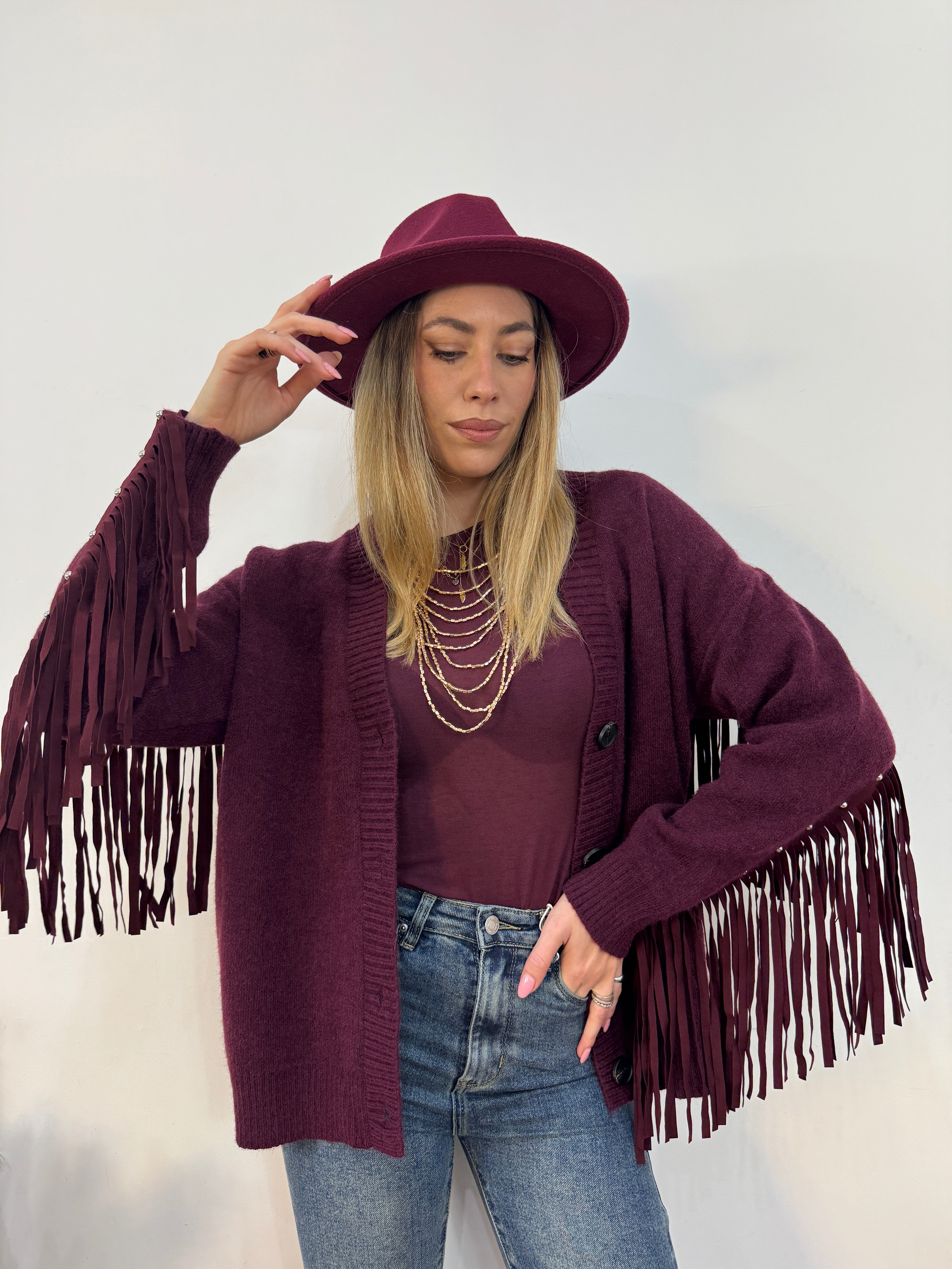 Cardigan borchie&frange