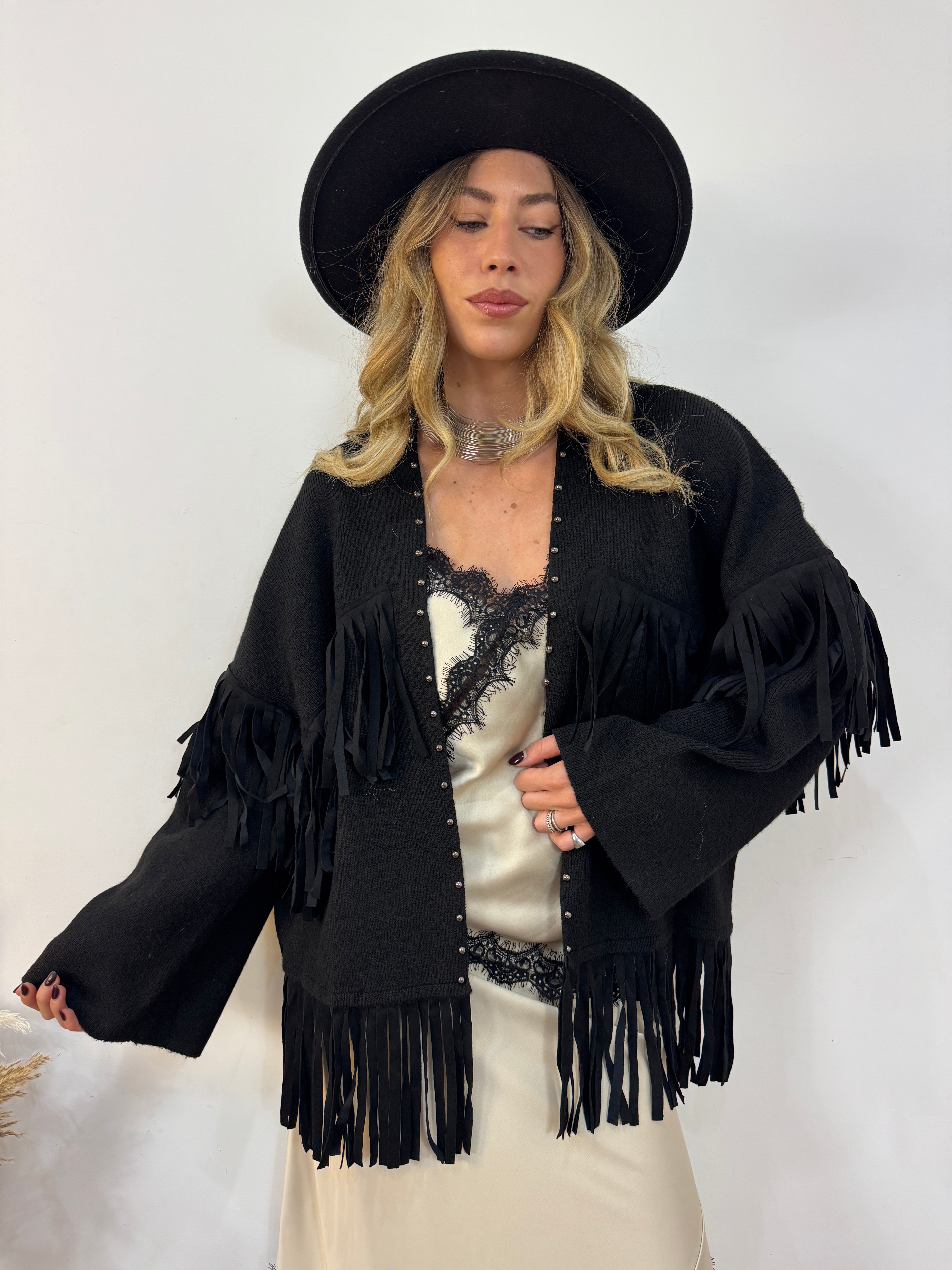 Maxi cardigan frangia