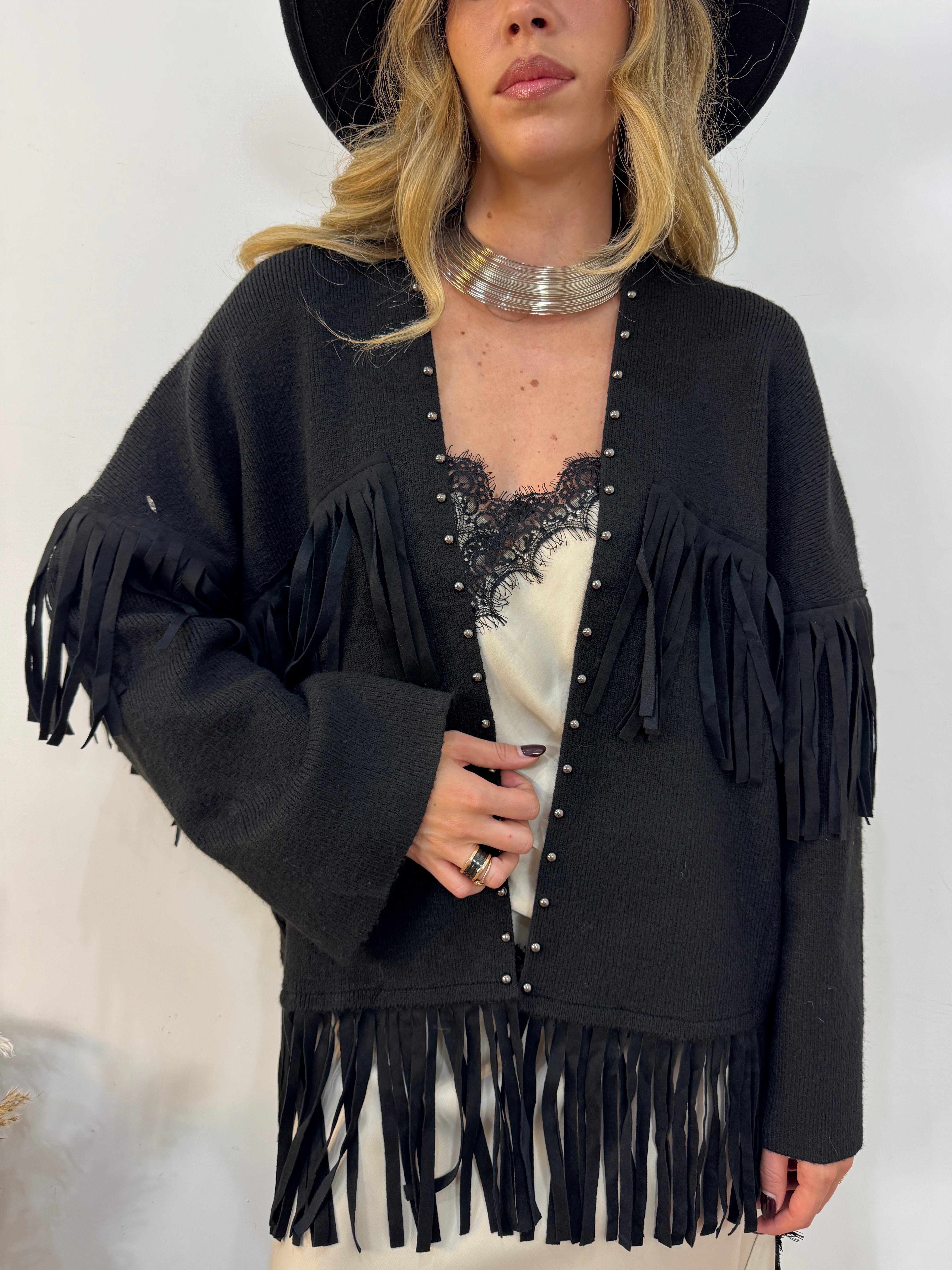 Maxi cardigan frangia