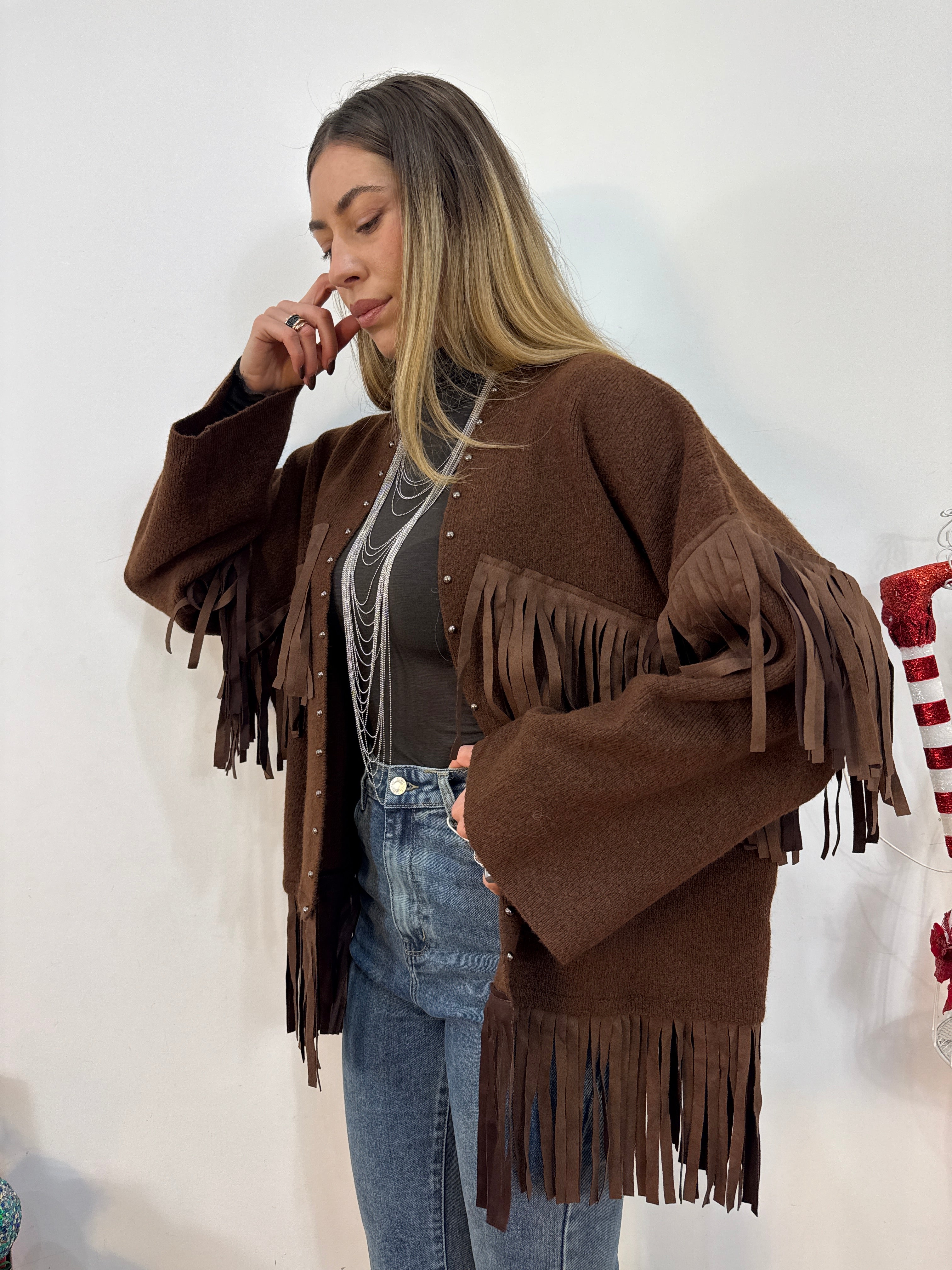 Maxi cardigan frangia