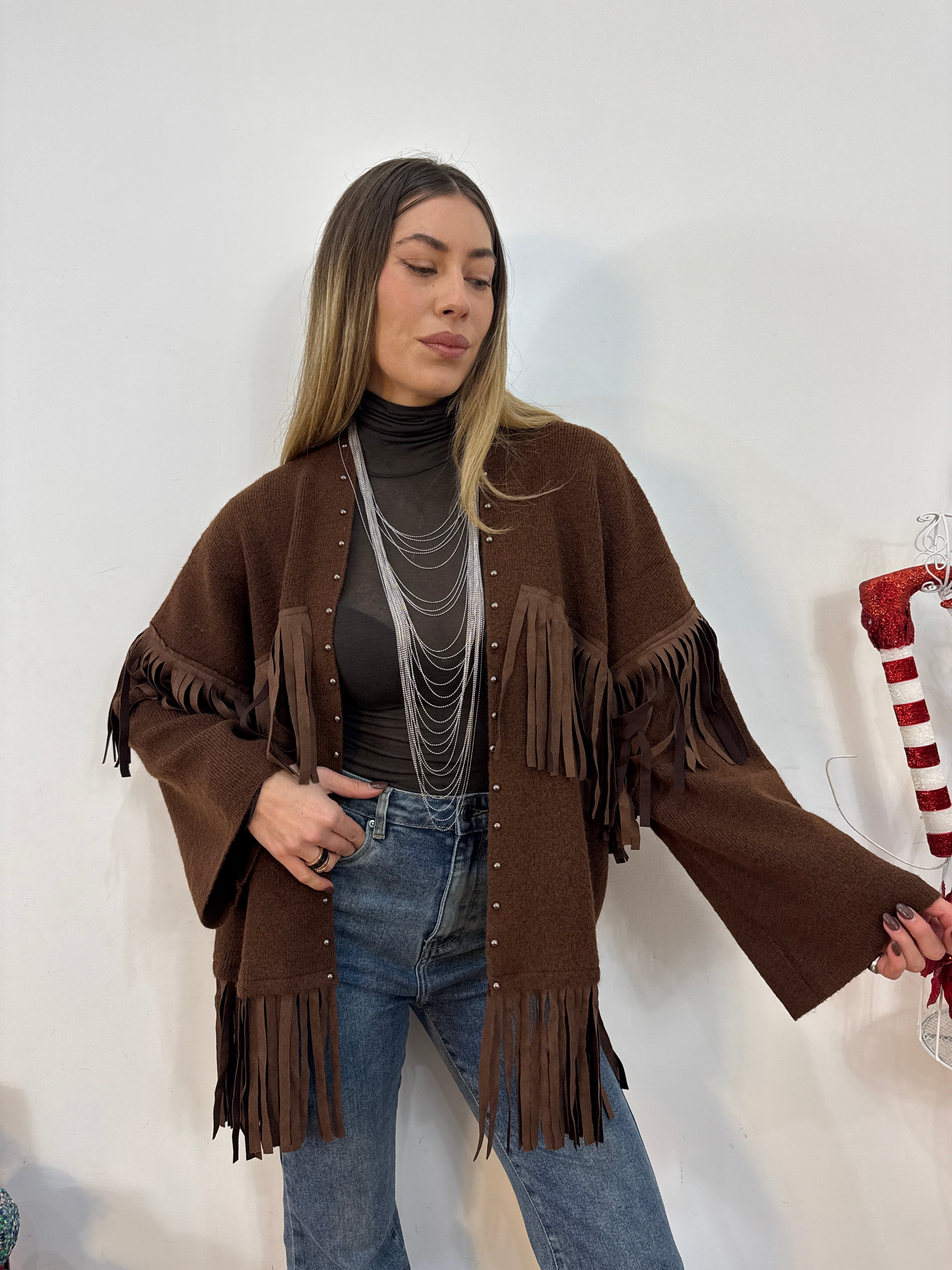 Maxi cardigan frangia